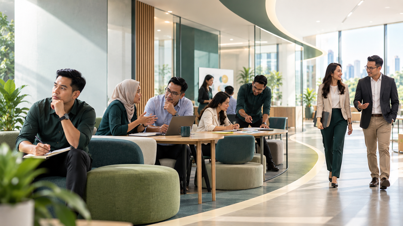 Professionals collaborating and moving through a modern workplace.