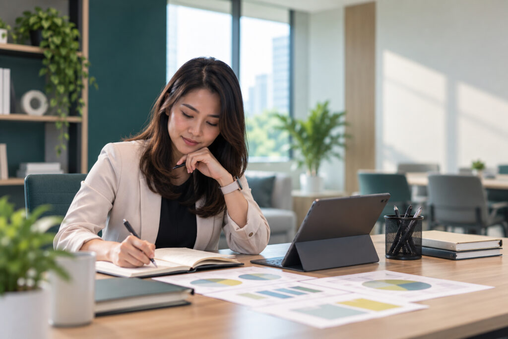 A professional taking notes during focused development work.