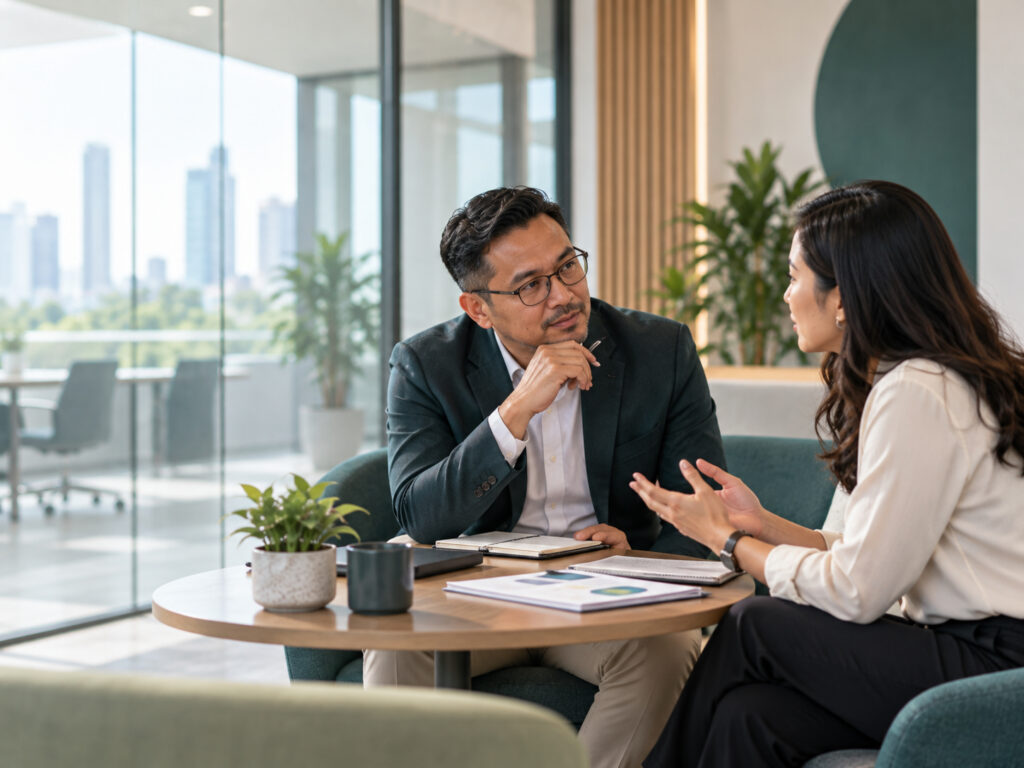 A focused professional coaching conversation in a modern office.